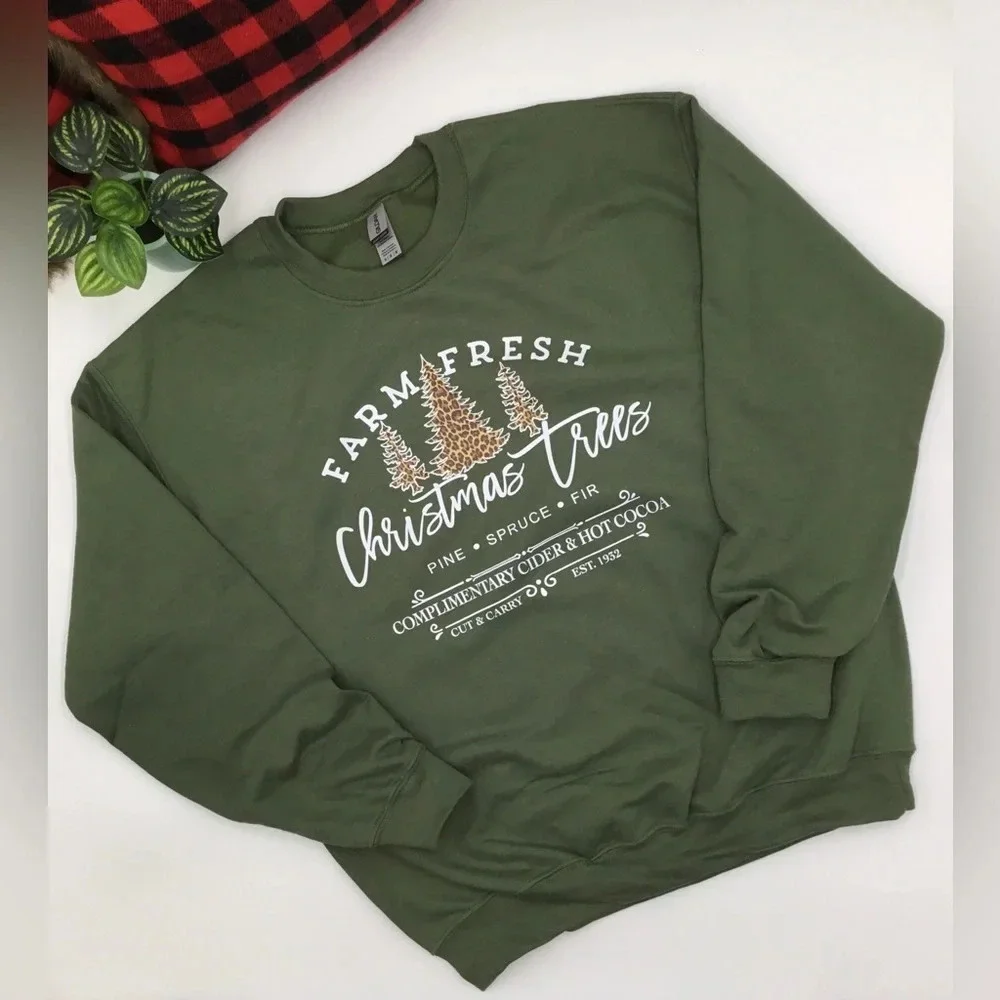 FARM FRESH Christmas‎ Trees SWEATSHIRT Olive Green Crewneck NEW! Various Sizes